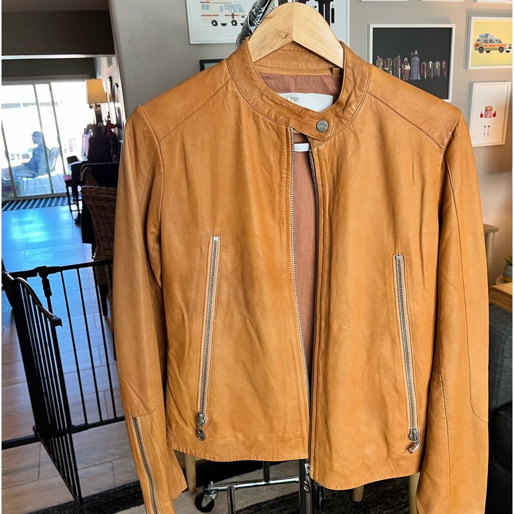 DOMA genuine leather jacket in mustard yellow.